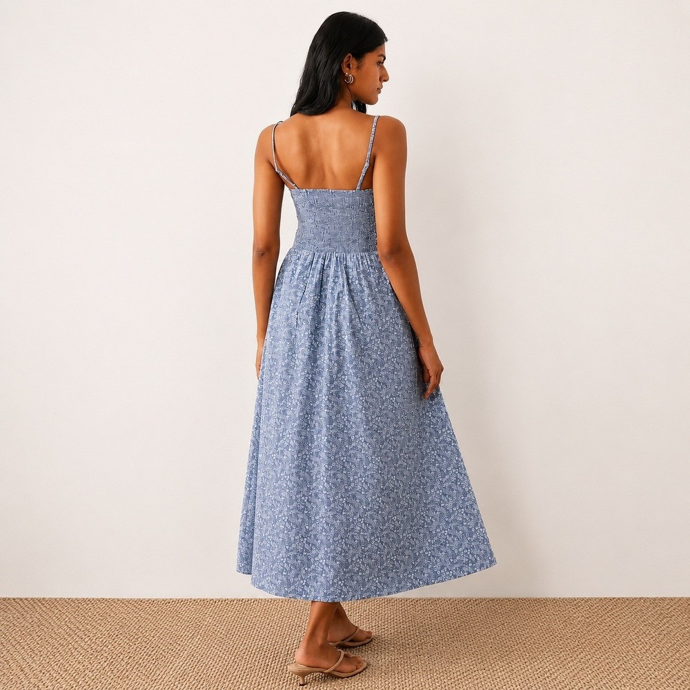 Abercrombie & Fitch Dip Blue Ditsy Floral Smocked Maxi Dress Cottagecore NWT LT - Picture 2 of 14